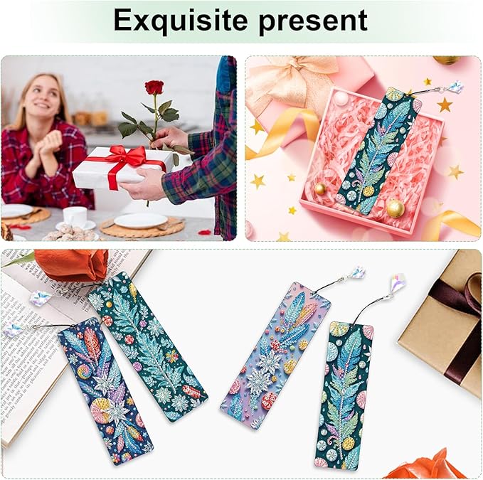 4 Pcs DIY 5D Diamond Painting Bookmark Kits, Special Shaped Acrylic Crystal Rhinestones Book Marks, Feather Diamond Art Bookmarks Crafts with Crystal Pendant, Handmade Tassel Bookmarks Gift Set