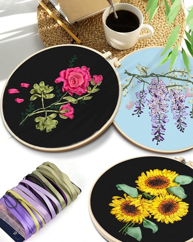 TINDTOP Embroidery Kit for Adult, Ribbon Embroidery Kit for Beginners for Craft Lover Hand Stitch with Embroidery Skill Techniques (Flowers)