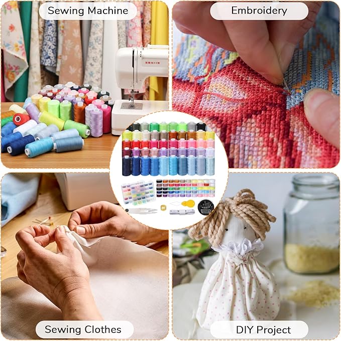 106 Pcs Bobbins Sewing Thread Kits, 400 Yards Per Polyester Thread Spools with Needle, Threader, Scissors and Ruler, for Sewing Machine Hand DIY Beginners, Stitching, Home, 50 Colors