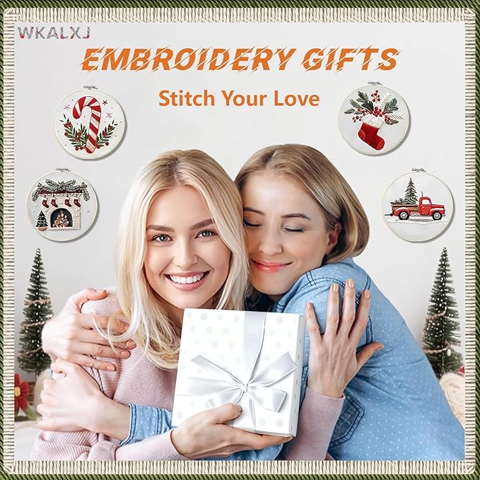 WKALXJ 4 Sets Christmas Embroidery Kits for Adults, Embroidery Kit for Beginners, Christmas Cross Stitch Kits for Beginners with Pattern, Needles, Threads, Tools (Candy Cane+Fireplace+Stocking+Truck)