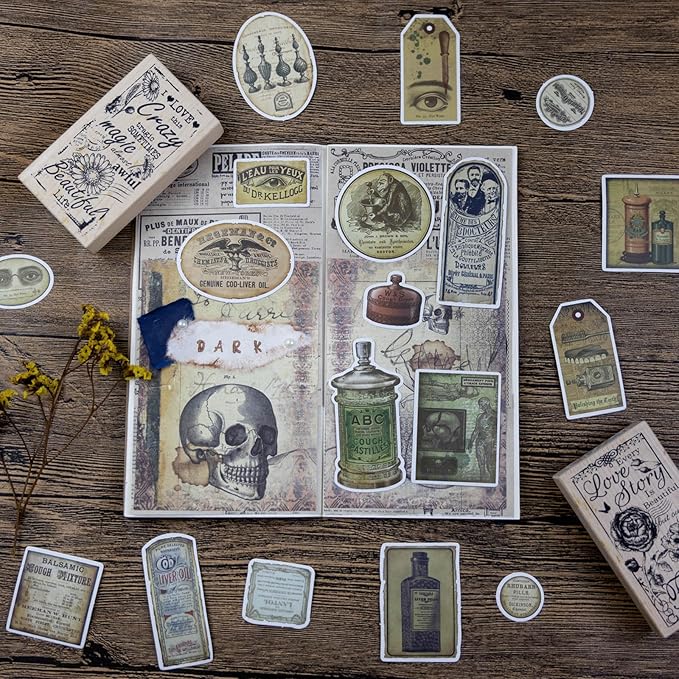 Prstincol 120 Pcs Vintage Apothecary Potion Label Stickers for Journaling, Dark Aesthetic Scrapbook Supplies Ephemera for Junk Journal Bullet Journal DIY Crafts Album Collage