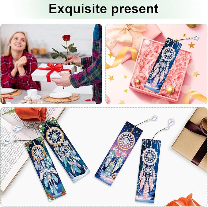 4 Pieces 5D Diamond Painting Bookmarks for Adults, Dreamcatcher Rhinestone Bookmarks with Tassels, DIY Handmade Diamond Art Bookmark Craft Kit, Unique Book Marks Set for Book Lovers
