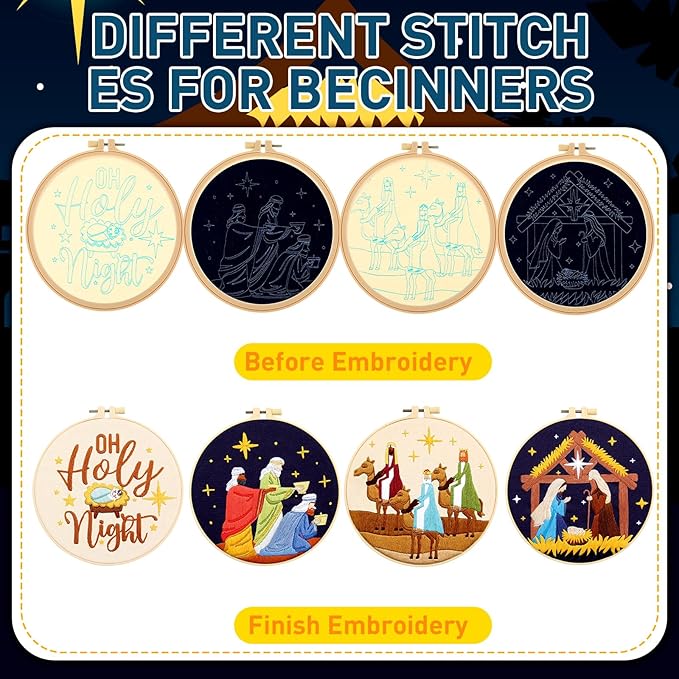Riceshoot 8 Set Nativity Scene Christmas Embroidery Kits for Beginners Adults Christmas Cross Stitch Needlepoint Ornament Christian DIY Kits with Patterns Hoops Threads Needles Ropes Scissors