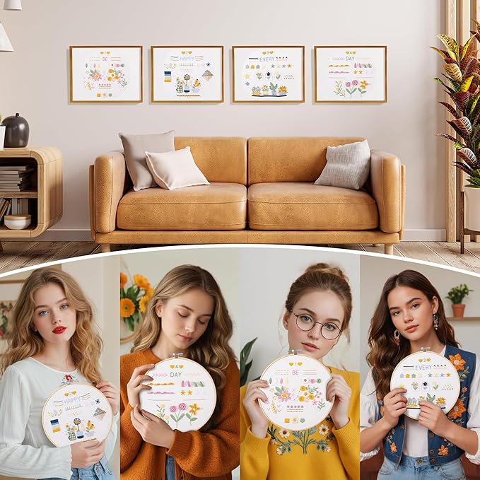 VIVIDOX 4 Sets Embroidery Kit for Beginners Adults, 25 Stitches Practice Kits Cross Stitch for Starter, DIY Hand Craft with Stamped Pattern, Bamboo Hoop, Threads, Scissors, Tools, Instruction