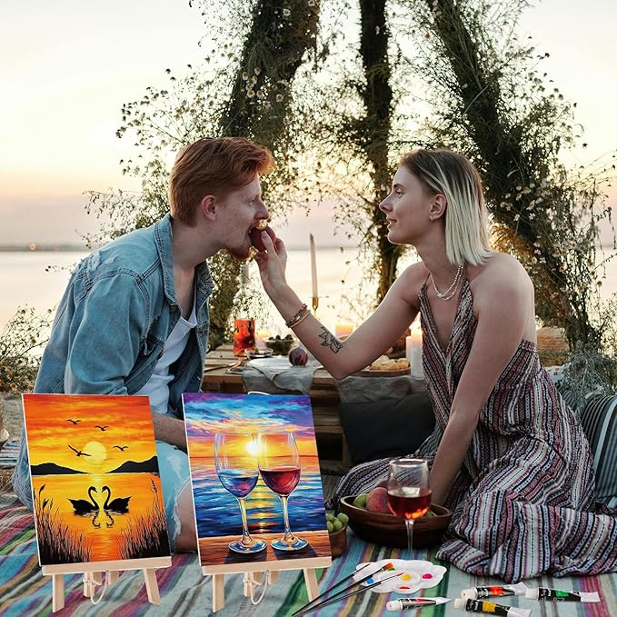 Cholemy 36 Pcs Valentine Paint and Sip Kit for Adults 8''x10'' Pre Drawn Canvas for Painting DIY Afro Acrylic Painting Kit Wood Easel Brushes Date Night Bulk for Party Gifts