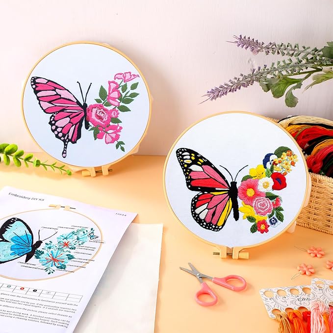 Riceshoot 8 Set Butterfly Floral Embroidery Kit for Beginner Adults Butterfly Embroidery Cross Stitch DIY Craft Needlepoint Pack Kits with Pattern Instruction Cloth Hoops Thread Needle Scissors