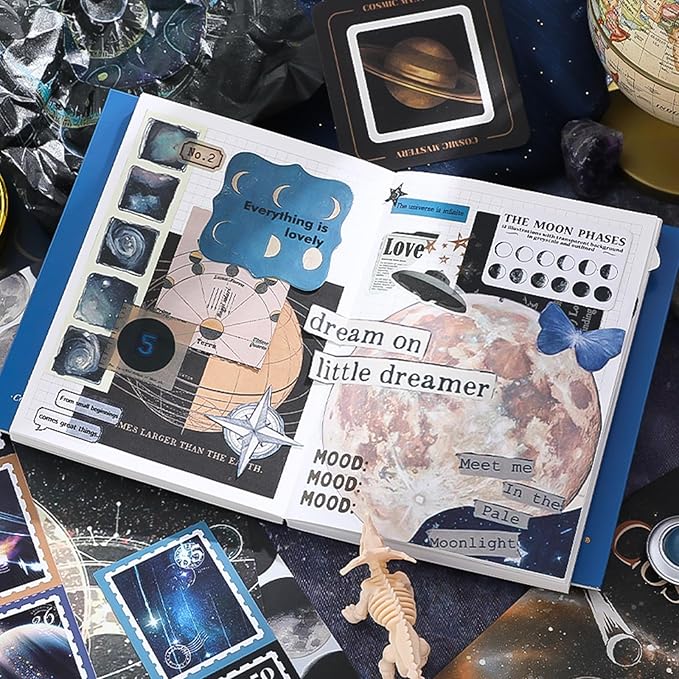 Draupnir Scrapbooking Supplies Kit, Aesthetic Cosmos Scrapbook Kit for Junk Journal, Stationery, Bullet A6 Grid Notebook DIY Scrapbook Birthday Craft Gift for Women