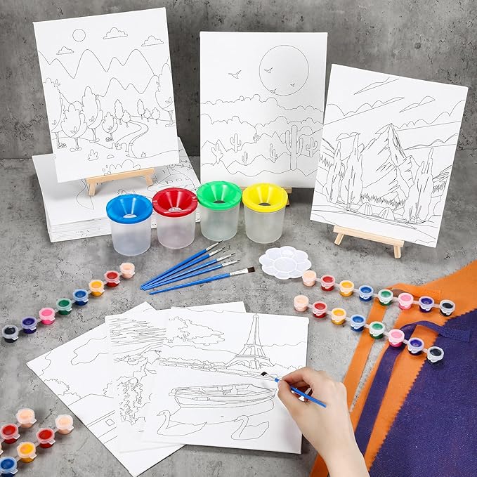 Sherr 140 Pcs 20 Set Pre Drawn Canvas Kit for Painting Craft Sip and Paint Kit for Adults Pre Printed Canvas Painting Favor for Virtual DIY Birthday Gifts Adult's Date Party(Sceneries)