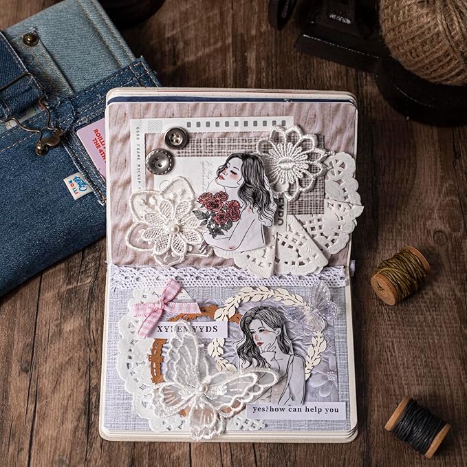 AuriicLeaf Fabric-Style Washi Sticker Set, 60PCS Vintage Ephemera for Scrapbooking, Journaling, DIY Crafts and Planner Supplies