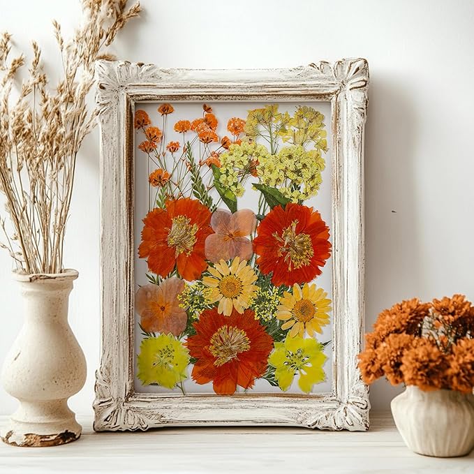 85Pcs Fall Dried Flowers for Crafts, Natural Pressed Flowers for Crafts Real Dried Pressed Flowers Dry Leaves in Orange & Yellow for Resin, DIY Art, Scrapbook, Jewelry, Candle & Soap Making w/ Tweezer