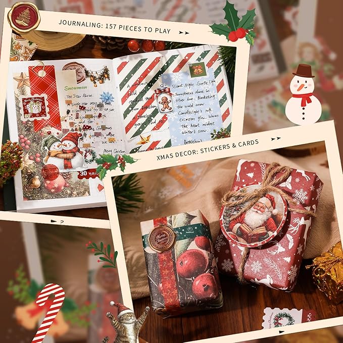 Draupnir Christmas Scrapbooking Supplies Kit,New Year Festival Aesthetic Scrapbook Stickers Kit for Junk Journal,Stationery,Bullet A6 Grid Notebook DIY Scrapbook Craft Christmas Gift