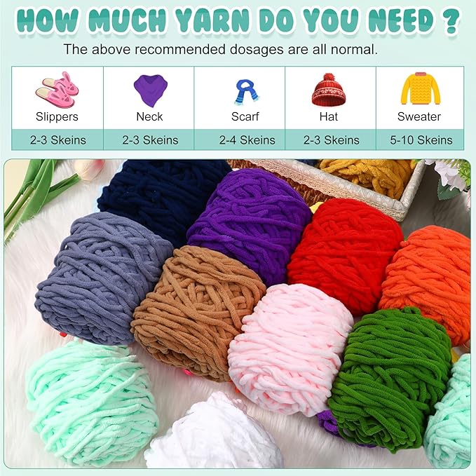 Buryeah 12 Pack Chunky Chenille Yarn for Crocheting Soft Thick Fluffy Yarn for Hand Knitting Bulky Velvet Blanket Plush for Weaving DIY Crafts Each 3.5 oz 55 Yards (Classic Colors)