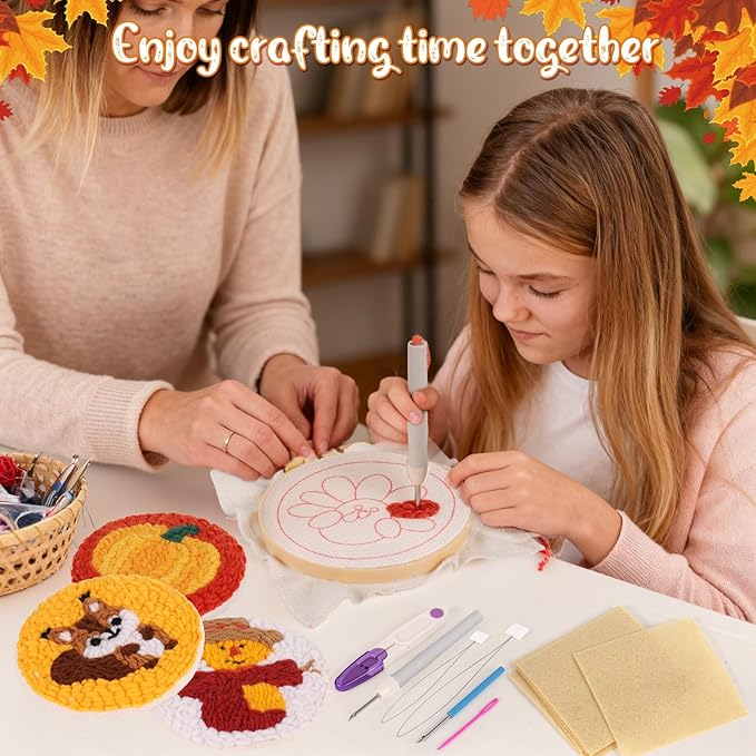 Sukhumvit 6PCS Thanksgiving Punch Needle Coaster Kit, Beginner Fall Punch Needle Set with 6 Tufted Pattern, Yarn, Hoop & Pad, Starter DIY Embroidery Car Coasters Kit for Tufted Craft Thanksgiving Gift