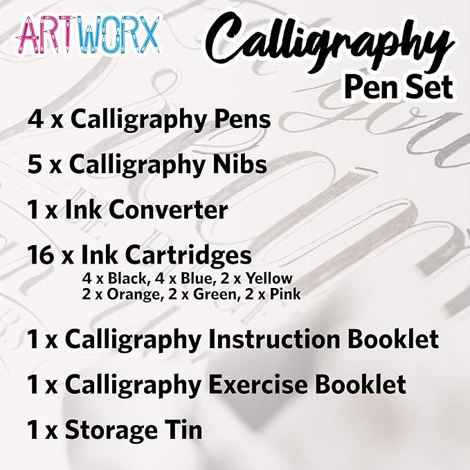 Artworx Calligraphy Pens Set - Introductory Caligraphy Writing & Hand Lettering Kit - Includes Instructions, Guide Book and Practice Book - Calligraphy Set For Beginners