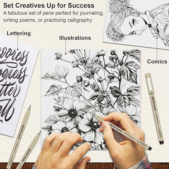 Micro Fineliner Drawing Art Pens, 12 Assorted Sizes, Waterproof Archival Ink, Art Supplies for Adults Sketching, Calligraphy, Technical Illustrators.