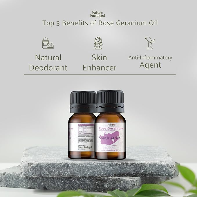 Nature Packaged Rose Geranium Essential Oil - Direct from Kwazulu Botanicals in South Africa- Organic Essential Oils for Body, Diffusers, or Aromatherapy | Pure Therapeutic Grade (5ml)