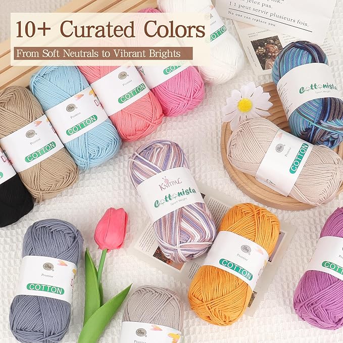 Katech 1OO% Cotton Yarn for Crocheting & Knitting–12-Color of 137 Yards/1.76 oz Baby Cotton Yarn Sport Weight CYC #2-Soft & Breathable-Ideal for Dishcloths, Baby Clothes, Potholders(B)