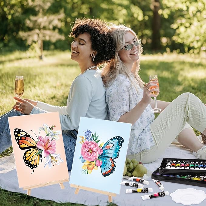 Cholemy 36 Pcs Valentine Paint and Sip Kit for Adults 8''x10'' Pre Drawn Canvas for Painting DIY Afro Acrylic Painting Kit Wood Easel Brushes Date Night Bulk for Party Gifts(Butterfly)
