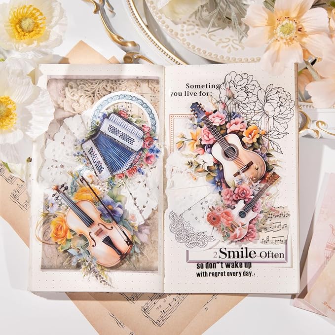 MiyouLuna 120Pcs Flowering Symphony PET Stickers, Watercolor Musical Instrument Ephemera for Scrapbooking, Journaling, and Craft Supplies