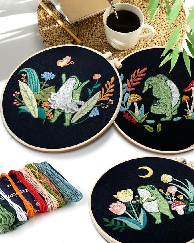 TINDTOP 3 Sets Embroidery Kit for Adults, Frog Embroidery Practice Kit for Beginners Include Embroidery Cloth Hoops Threads for Craft Lover Hand Stitch with Embroidery Skill Techniques