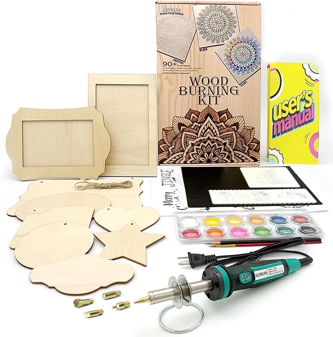 Xenolog Deluxe Wood Burning kit - Ultimate Bundle with Pen, Stand, Tips, Watercolor, Stencils, Graphite Paper, plaques - Beginner-Friendly Gift for Teens, DIY for Anyone into Wood Burning.