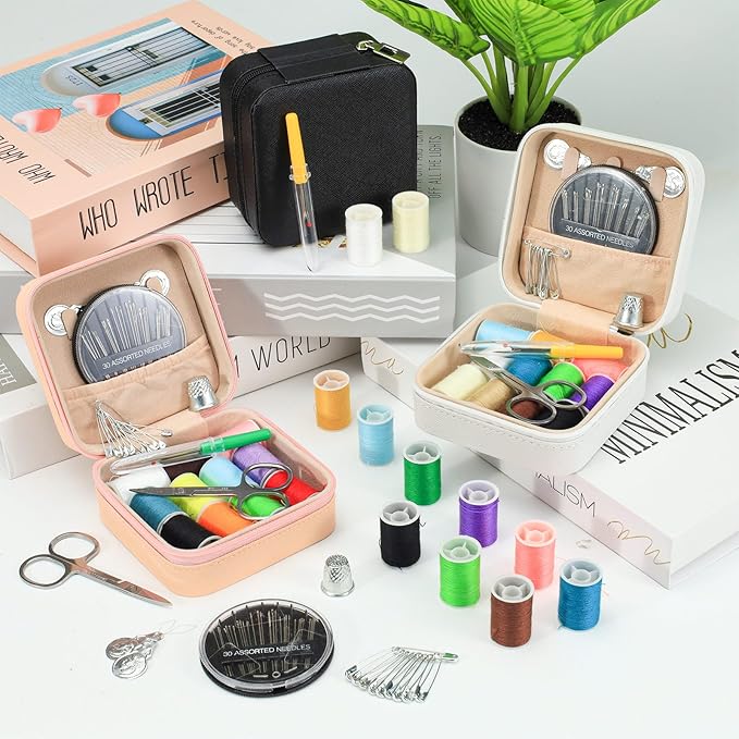 LELE LIFE Mini Travel Sewing Kit Leather Case, Small Sewing Kit for Adults and Beginners, Basic Needle and Thread Kit for Emergency Hand Sewing Repair Supplies (Black)