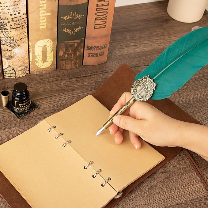 TIANREN Quill pen ink set,Feather Pen and Ink Set,Antique Calligraphy Pen with 4 Replaceable Nibs,2 Bottle of ink,Feather Dip Pen Holder Christmas Gift for Men&Women.(Green)