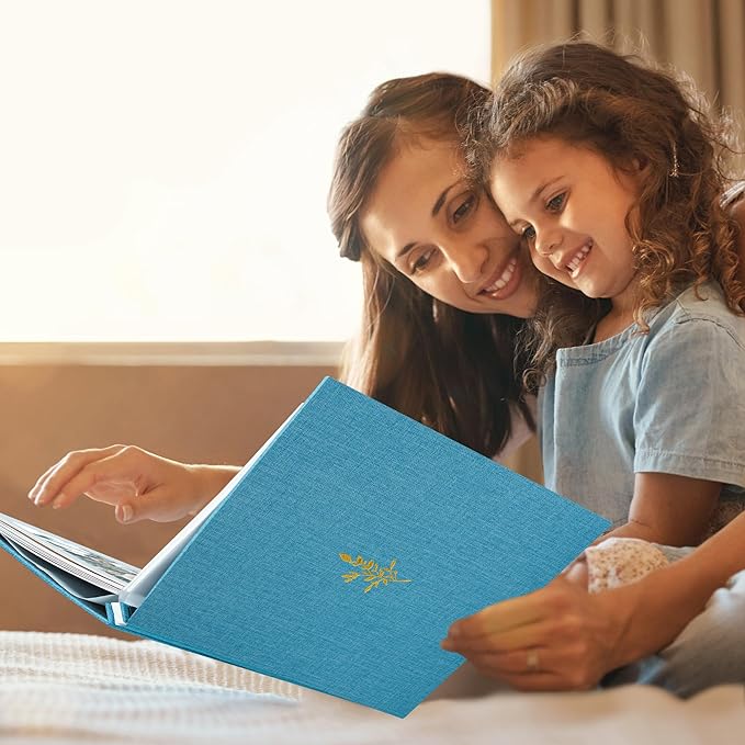 Remowith Self Adhesive Photo Album, Sky Blue Scrapbook Album with DIY 60 Blank Pages, Wedding Photo Album with A Metallic Pen for 4x6 5x7 2x3 Pictures,12.9"x13.4"