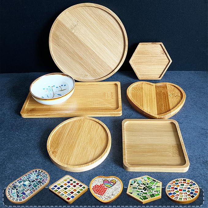4PCS Mosaic Bamboo Coasters for Crafts, Blank Base Trays, Drinking Cup Coaster, Plant Coaster, Art Plate,DIY Mosaic Supplies (Hexagonal Platter)