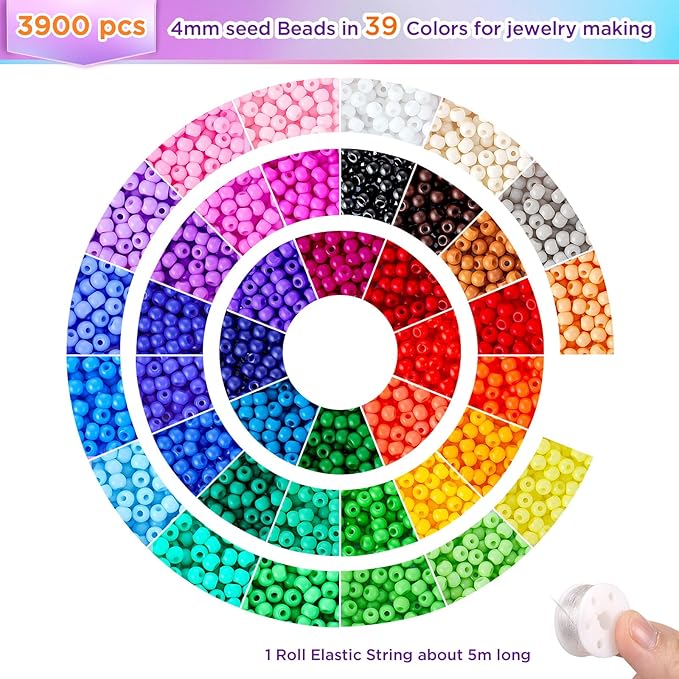 4mm Seed Beads for Jewelry Making, Funtopia 39 Colors Uniform Small Beads for Bracelet Making Kit, 3900pcs Glass Seed Bead Kit with Instructions, Tiny Craft for DIY Art Jewelry Making