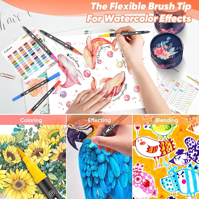 Caliart 72 Colors Double Tip Brush Pens Art Markers, Artist Fine & Brush Pen Coloring Markers for Adult Book Cards Drawing Craft Kit Teacher Office Supplies