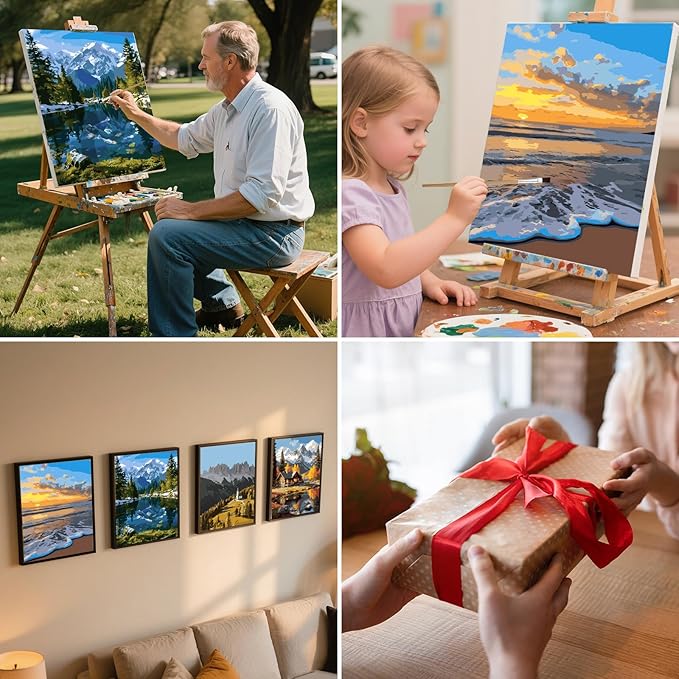 Qoosea 4 Pack Paint by Numbers Kit for Adults, Premium DIY Art Set Featuring Wooden Easel, Premium Craft Kits for Adults Beginners, Drawing Hobbies & Relaxation Gifts-Landscape Map