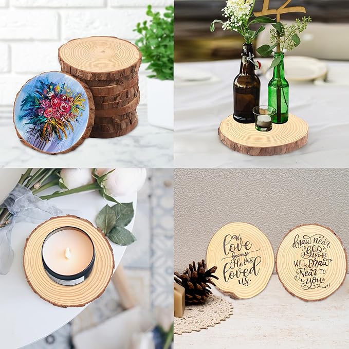 24 PCS 5.5-6.3 Inch Natural Wood Slices, Unfinished Pine Wood Circles with Barks for Coasters, DIY Crafts, Christmas Rustic Wedding Ornaments and Centerpieces,by GNIEMCKIN