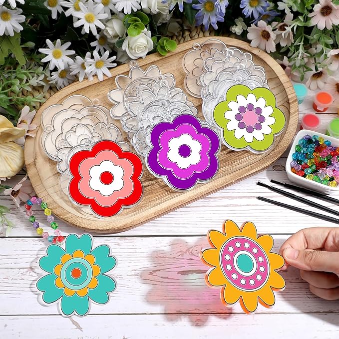 WinnerWhy 30 Sets Flower Suncatchers Window Art Kits, Spring DIY Sun Catchers Crafts Paint Your Own Window Ornaments for Adult Home Birthday Activity Party Decor