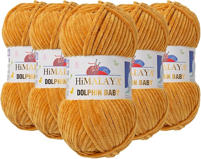 5 Skein/Pack Himalaya Dolphin Baby Chenille Yarn, Each Ball 100 gr (3.5 oz), 120 m (132 Yards), 100% Polyester, Super Bulky Baby Blanket Velvet Amigurumi Yarn, 80330 - Mustard Yellow