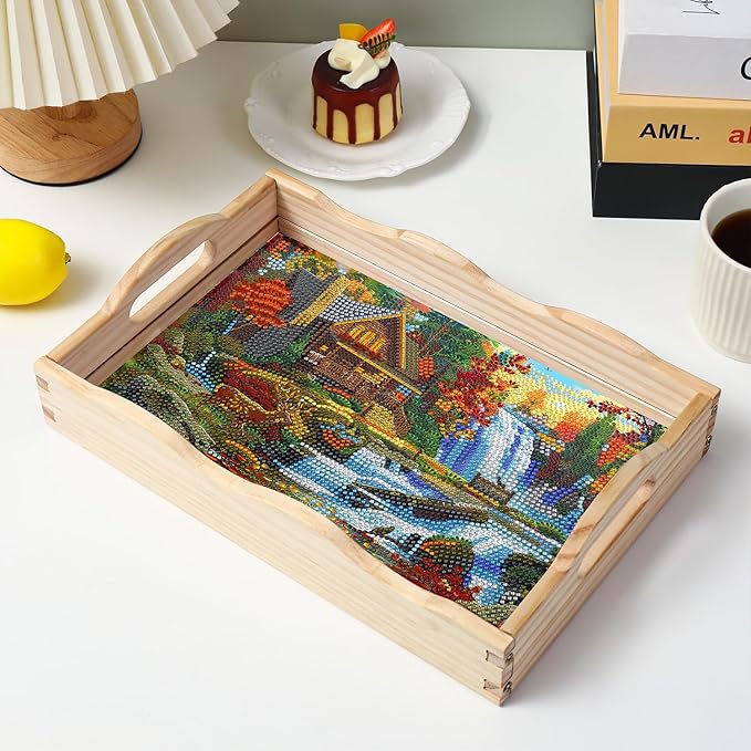 EWJRNSF Diamond Art Kits for Adults Wooden Serving Trays with Handles, 5D Diamond Painting Big Gem Arts and Craft Gifts Trays Decor Gift Home Decor 7.8x11.8 Inches Landscape A