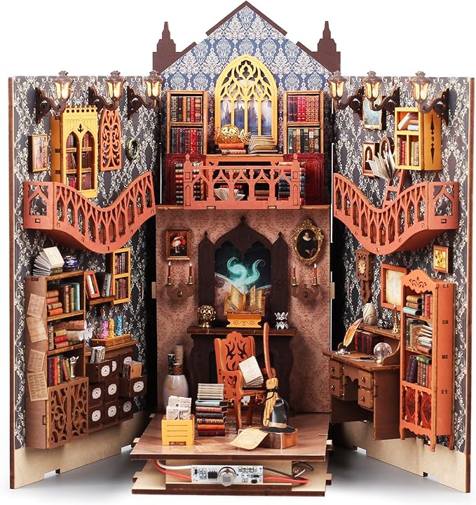 HURUC Book Nook Kit – Library Theme DIY Booknook with LED Lights | Book Nook Kits for Adults, Teens | Beginner-Friendly Nook Book for Home Décor | Perfect Booknook DIY Kit Gift