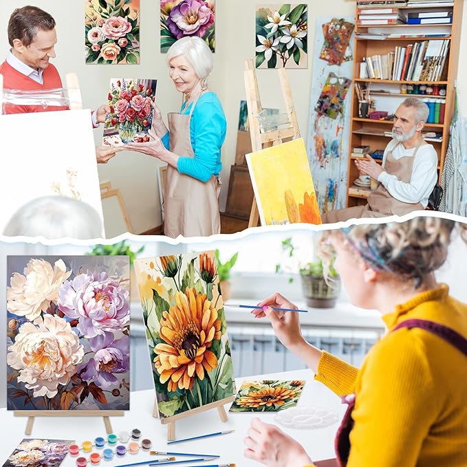 Tenceur 16 Sets Pre Drawn Canvas to Paint for Sip and Paint Party, 8 x 10 Inch Preprinted Framed Pre Sketched Coloring Canvas with Easels and Brushes for Adults Party Supplies(Flower)