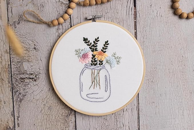 Looples Embroidery Kit for Beginners and Adults with Video Tutorials – DIY Starter Kit with 3 Stamped Floral Patterns, Hoops, Threads, Needles, and Instructions - Cart, Glass Jar, and Flowers