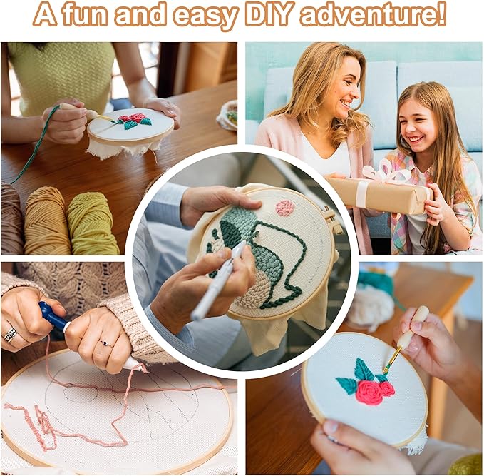 yesJRL Cute Bear Design Punch Needle Kit Adults Beginners, DIY Easy Embroidery Set for Starter Art Craft, Needling Punching Project with Tools, Yarns, Hoop, Instruction