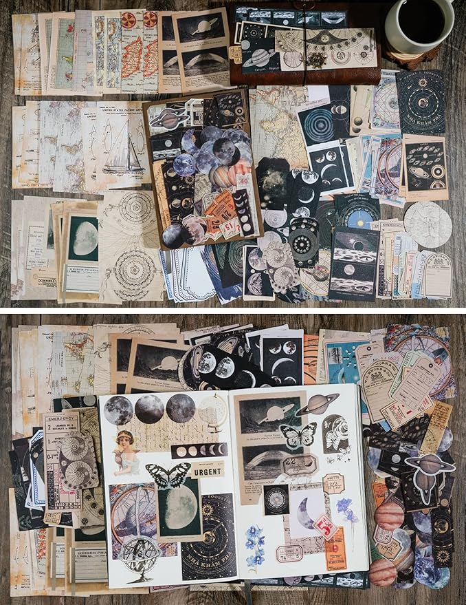 Knaid Vintage Scrapbook Supplies Pack (200 Pieces) for Witchy Junk Journal Bullet Journals Planners Space Moon Paper Stickers Craft Kits Collage (Celestial)