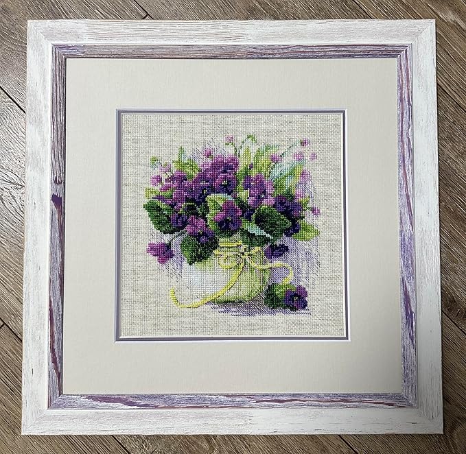 RIOLIS - Violets in a Pot 2091, Cross Stitch Kits 8¾" x 8¾", Cross Stitch Kits for Adults, Floral Counted Cross Stitch Kits, Embroidery Kit for Beginners & Advanced, Crossstitching Kits