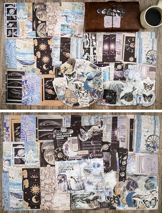 Knaid 200 Piece Vintage Ephemera Bundle - Paper & Sticker Kit for Junk Journaling, Scrapbooking, Planners, Bullet Journals, Collage, Decoupage - Black/Blue Tones