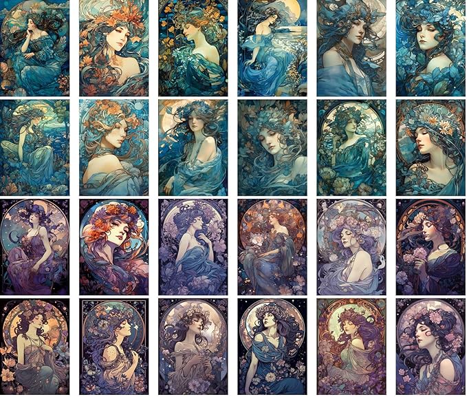 Large Stickers (24 pcs 2.5"x3.5" Each) Floral Art Nouveau Style Portraits of Gorgeous Elegant Women Vintage Postcards Retro Greeting Card Book Illustration Reprint
