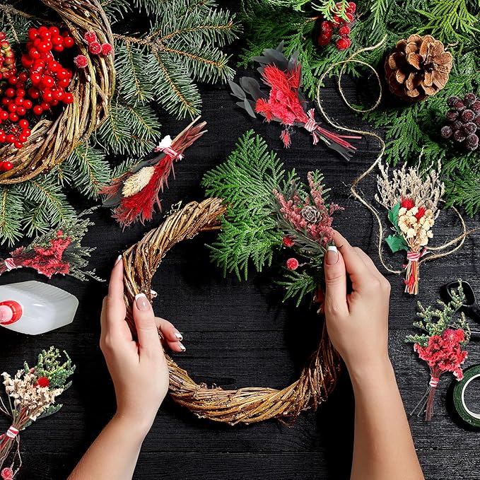 Tinideya 48 Pack 6 Inch Christmas Mini Dried Flower Bouquets Bulk Red Green Dried Flowers with Stem Berries for Vase DIY Wreath Crafts Xmas Home Decoration Christmas Tree Picks Decorations