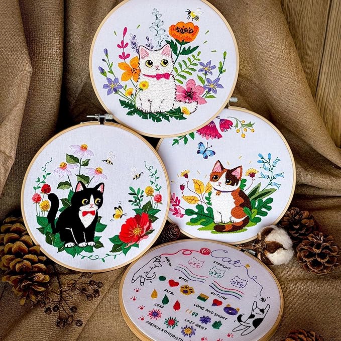 Embroidery Kit for Beginners, 4 Sets Cat Embroidery Kits, Needle Point Kits for Adults Beginner, with Full Package Sewing Supplies and Detailed Easy-to-Follow Instructions, Packaged in Gift Box