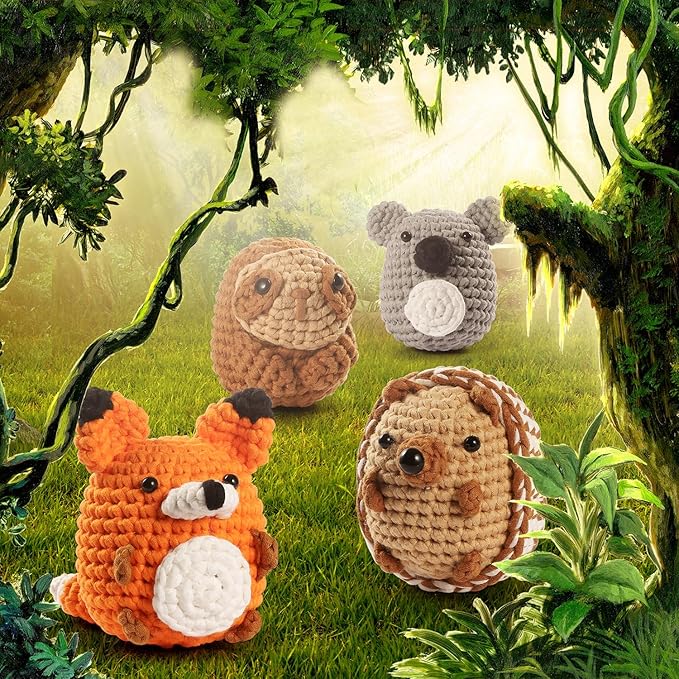 RQWZBCHX Crochet Kit, 4PCS Beginner Crochet Kit for Adults with Step-by-Step Video Tutorials, Cute DIY Crochet Animal Kits with Enough Yarns, Hook, Accessories