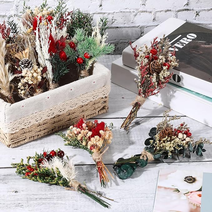 Layhit 12 Pack Boho Dried Flower Bouquet Mini Wedding Handmade Dry Flowers Decor for Vase Crafts DIY Photo Boutonniere for Men Floral Plant for Bridesmaid Gift Birthday Decor(Christmas)