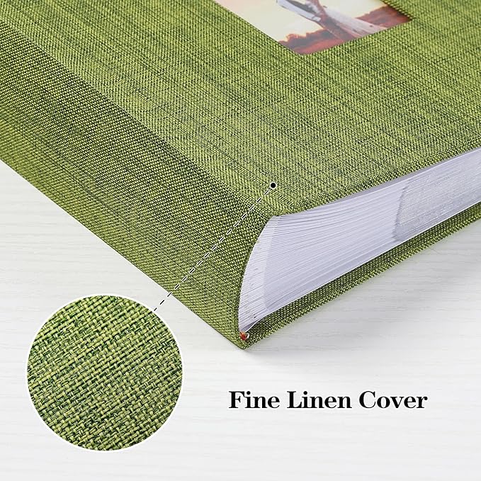 Mublalbum Small 4x6 Photo Album Linen Cover with Memo Areas Photobook Pictures Book Holds Horizontal Pockets for Wedding Family Baby and Vacation (Green)
