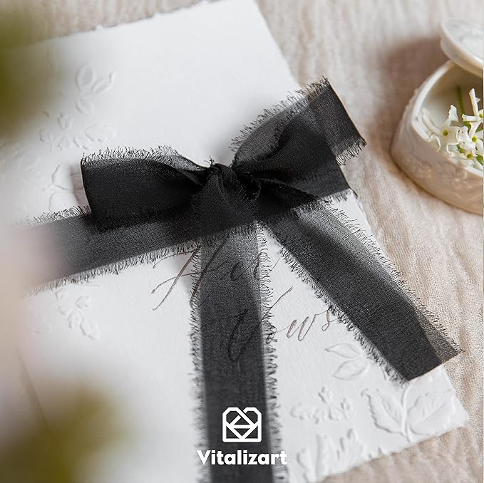 Vitalizart Black Chiffon Silk Ribbon 1" x 21 Yd Fringe Fabric Package (3 Rolls * 7 Yd) for Wedding Invitations Bridal Bouquets Decorations Gifts Wrapping & Bow Making
